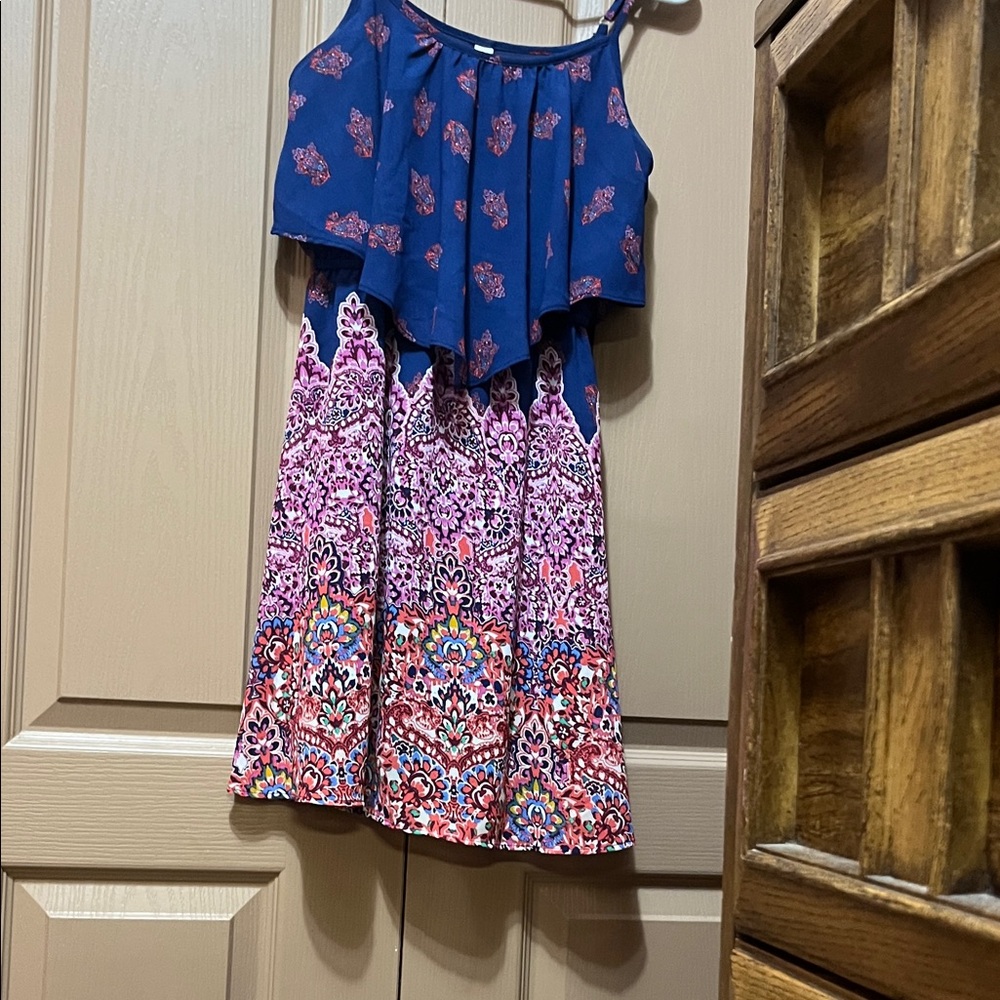 Girls' Navy Blue Floral Cold Shoulder Summer Dress with Pink Print